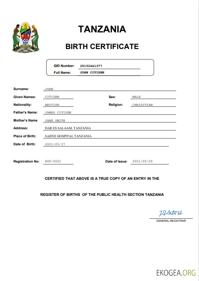 Modèle Word et PDF d'acte de naissance en Tanzanie